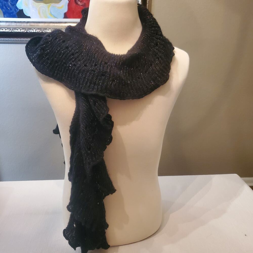 Women Black Ruffled Knit Scarf Metallic Glitter Threading Sparkle Wrap Muffler